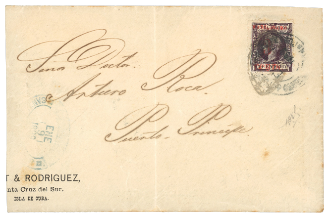 1899 (Jan 9) Commercial cover to Puerto Principe franked with 3c on 1c black-violet, fourth printing, one of four known covers originating in Santa Cruz del Sur.