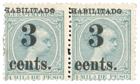Stamps 1898 3c on 1m blue-green, fifth printing, position 2-3, mint pair, with the “eents” instead of “cents” variety on the second stamp. 