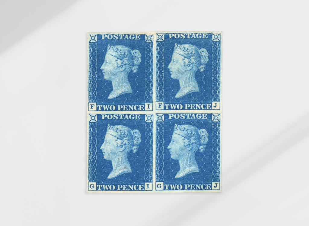 50309 Sold at 61500 GBP 1840 2d blue pl.1 FI/GJ mint block of four