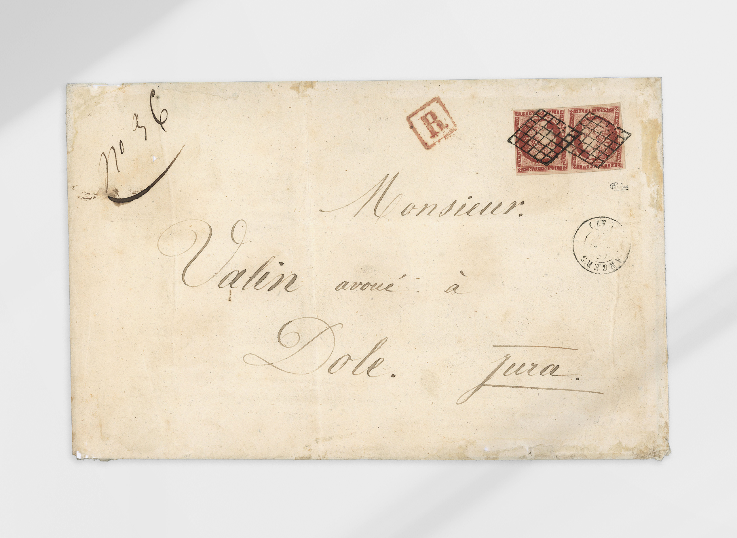 40055 Sold at 295200 EUR 1849, Lettre recommandée de Angers (Maine et Loire)