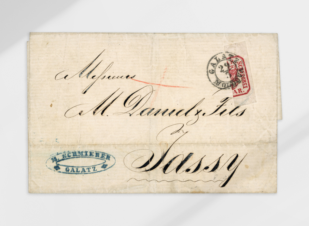 30295 Sold at 49200 CHF 6 Parale cherry-red, on wove paper vertical bisect tied by clear strike of the GALATZ/29.3 cds, on 1863 folded printed matter cover