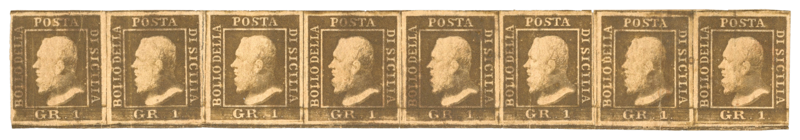 1Gr., plate I, state I, rust brown (bruno ruggine), four horizontal pairs in a reconstructed strip of eight from positions 92-99