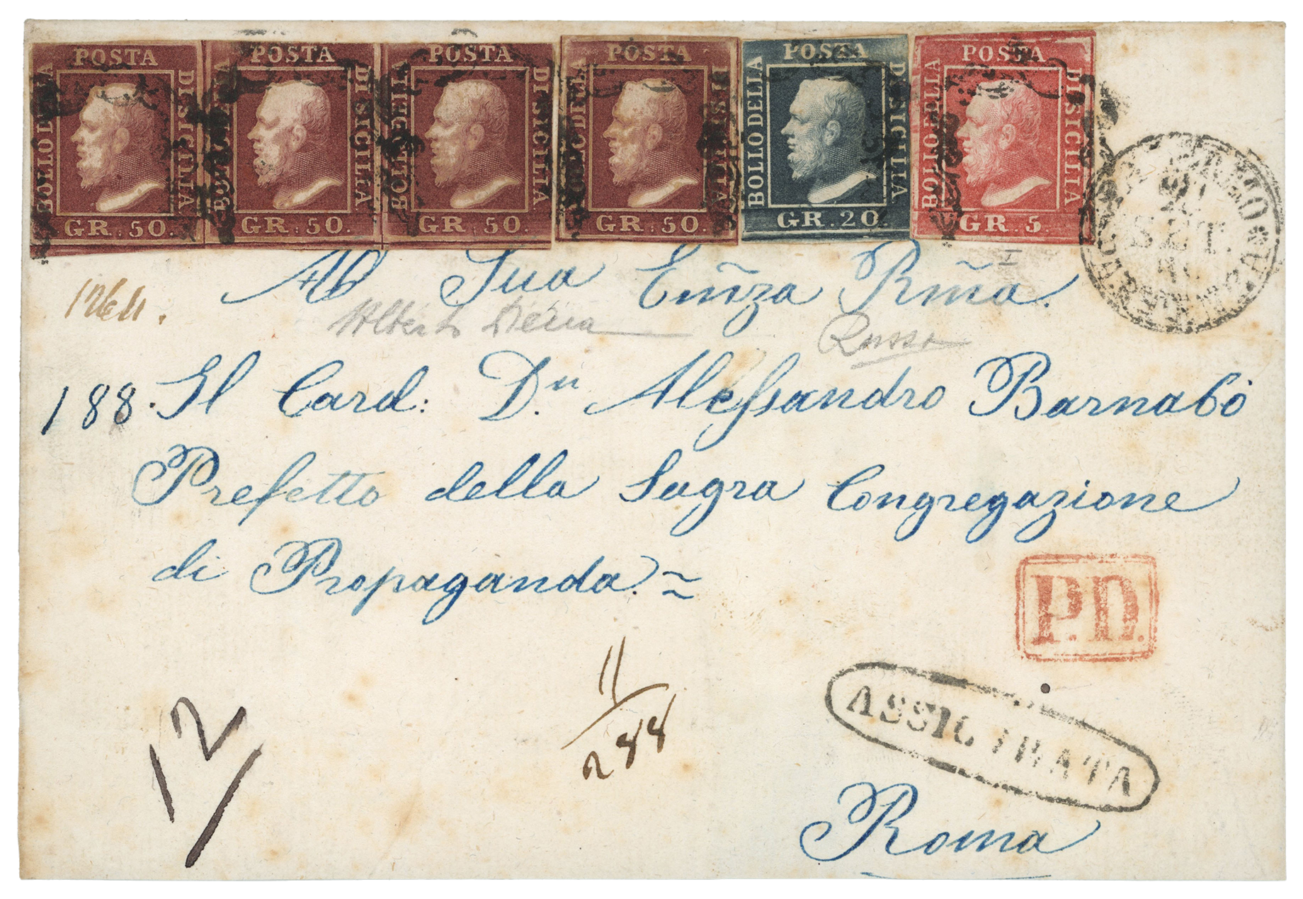 The “Cardinale Barnabò” Letter: The largest multiple of the<br />
50 Gr. on cover and arguably the greatest rarity of Sicily.
