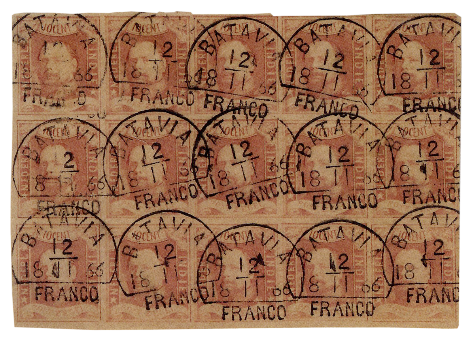 block of 15 10 cent 1864 cancelled in Batavia.