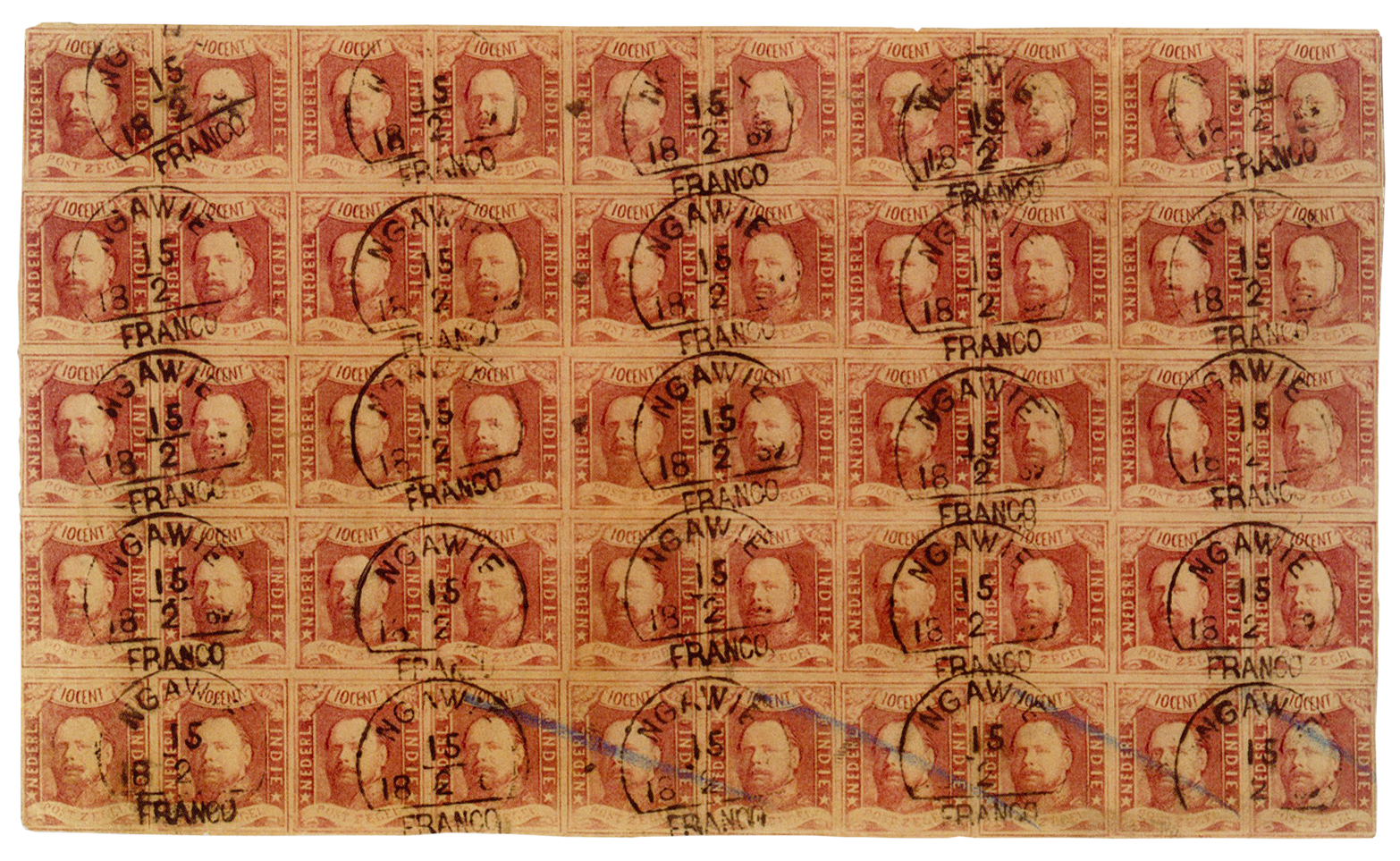 The amazing 10 cent 1864 block of 50 with Ngawie obliteration, the preeminent item of Netherlands Indies philately and indeed a top rarity of world philately.